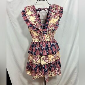 NWT Caroline Constas mixed media tiered ruffle shoulder mini dress size M